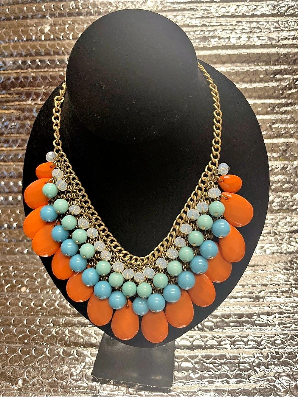 Beaded Statement Necklace in Orange & Blue